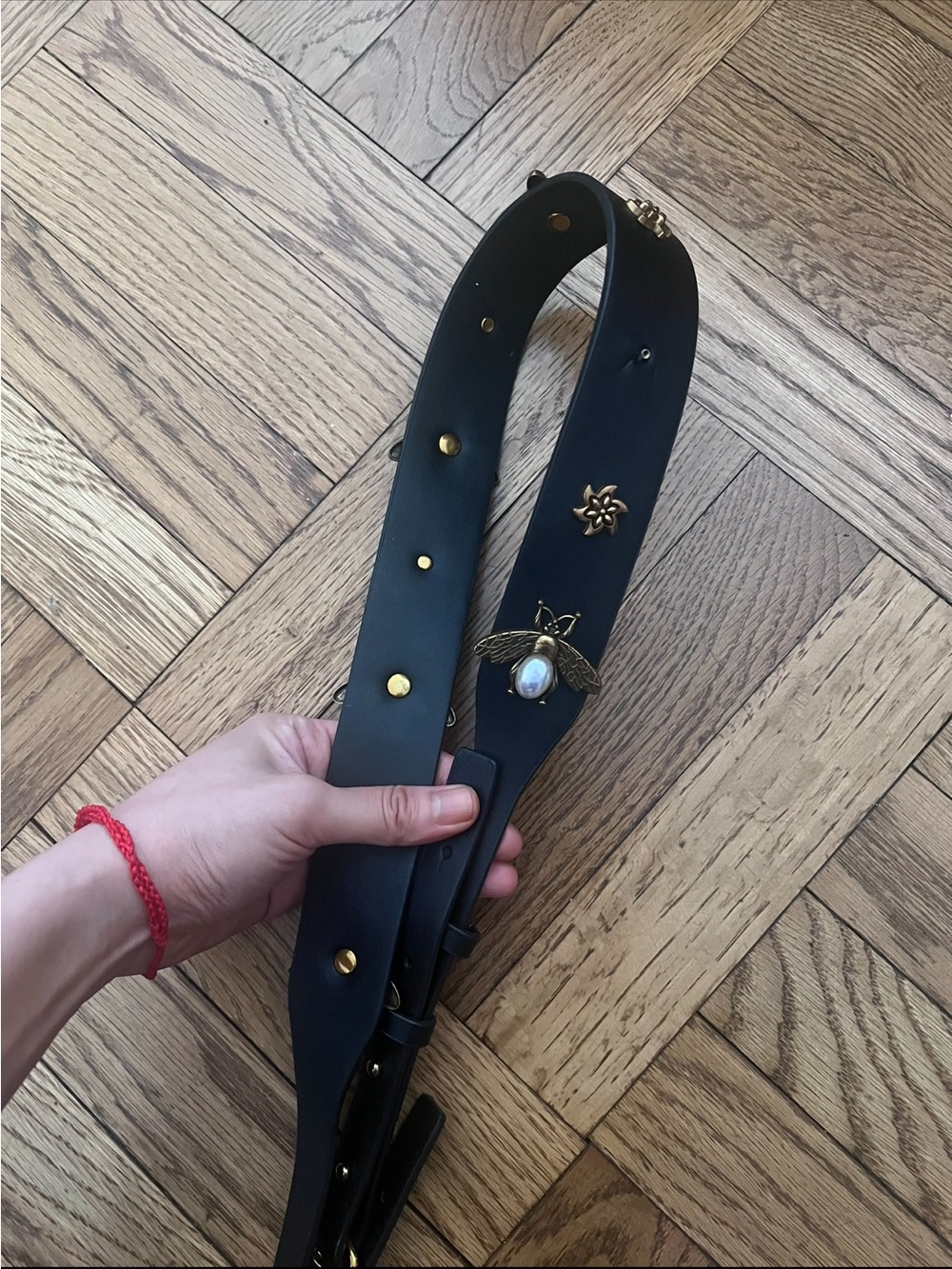 Black Leather Strap with Gold Bee Accents and Pearlescent Stones - Picture 3 of 3